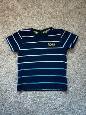 BOSS Navy Blue Striped Tee with Yellow Logo